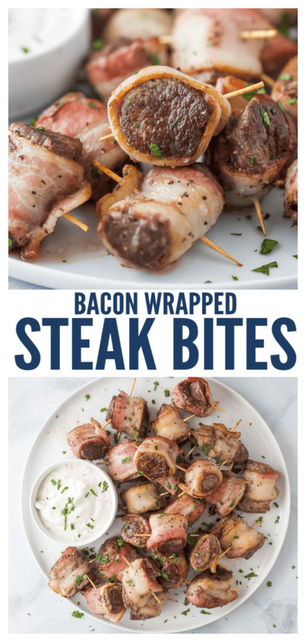 pinterest image for Bacon-Wrapped Tenderloin Bites