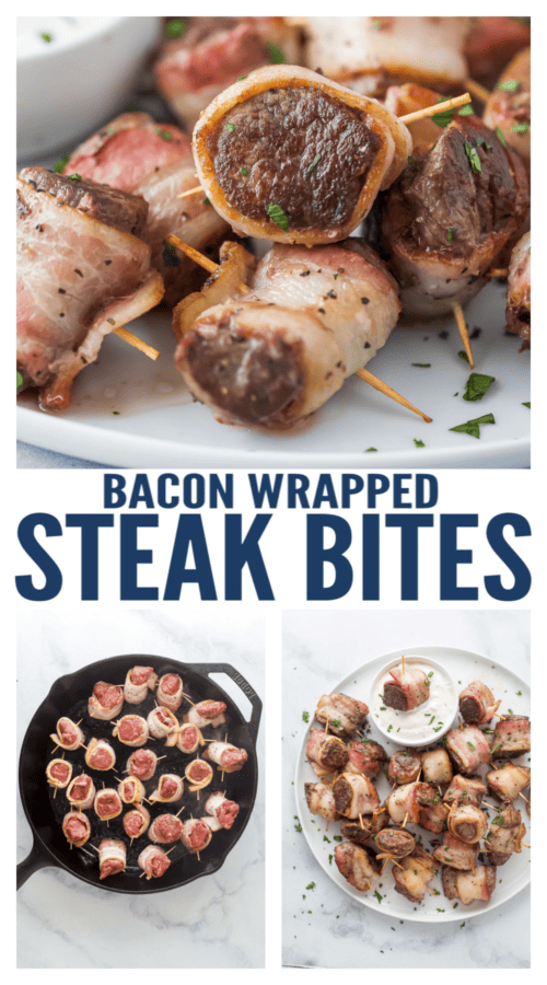 pinterest image for Bacon-Wrapped Tenderloin Bites