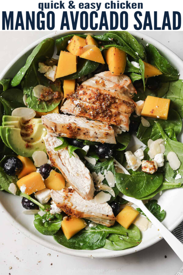 pinterest image for Chicken Mango Avocado Salad