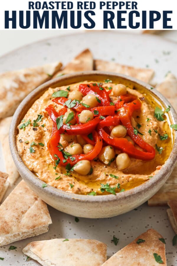 pinterest image for Roasted Red Pepper Hummus