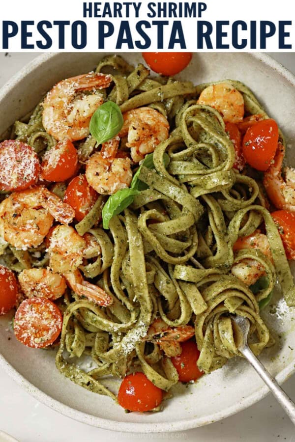 pinterest image for Shrimp and Pesto Pasta