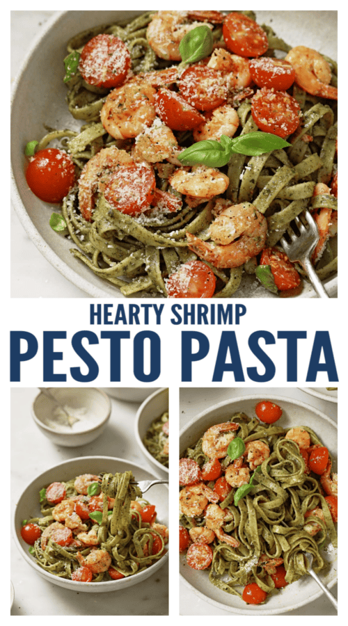 pinterest image for Shrimp and Pesto Pasta