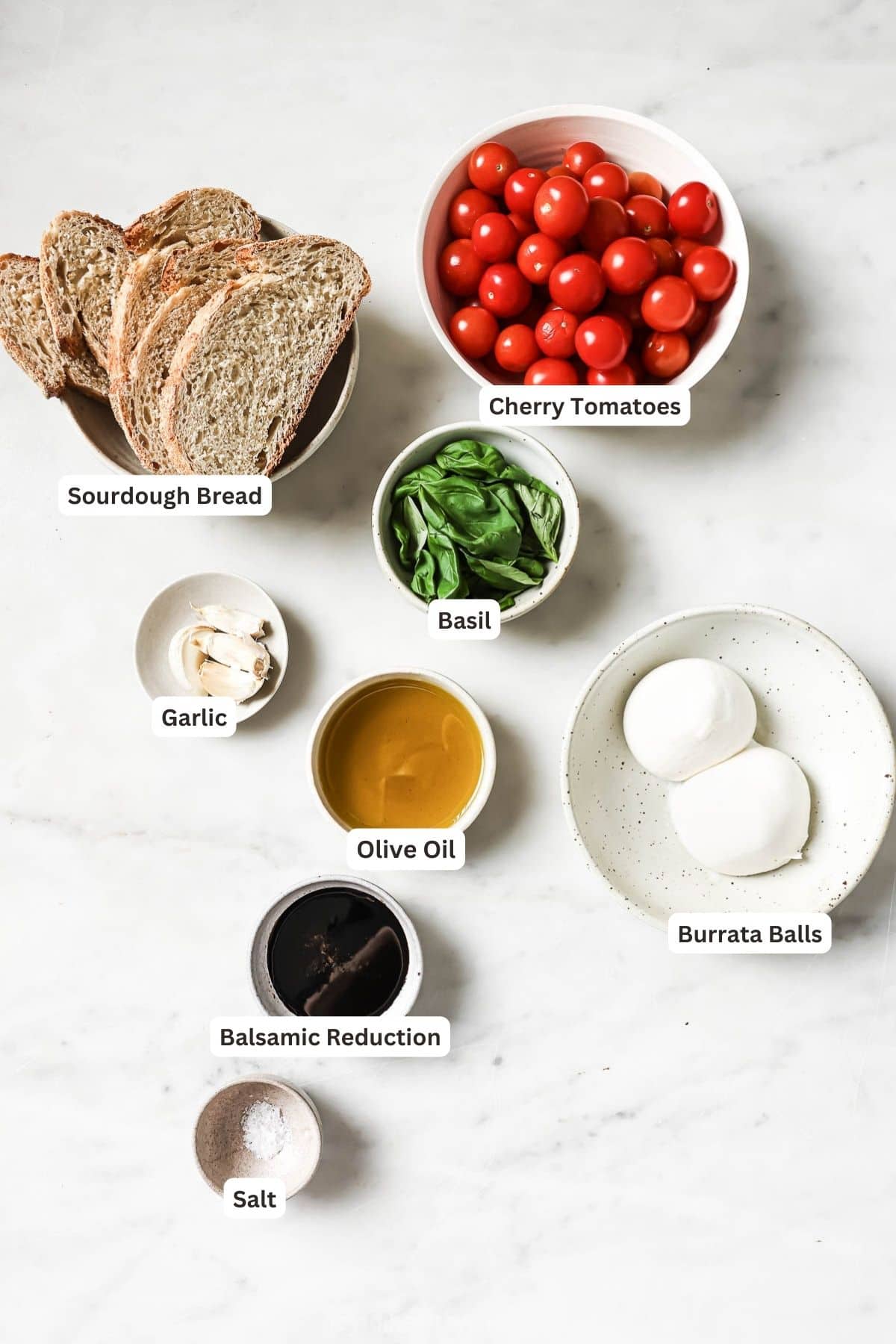 Labeled burrata caprese ingredients. 