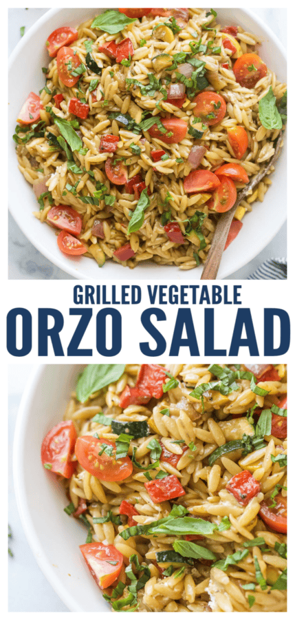 pinterest image for Grilled Vegetable Orzo Pasta Salad