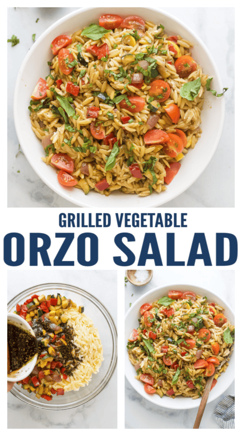 pinterest image for Grilled Vegetable Orzo Pasta Salad