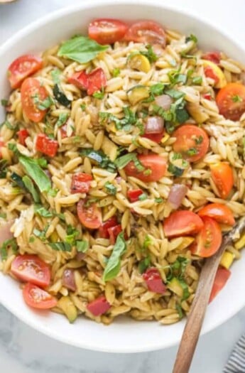 pinterest image for Grilled Vegetable Orzo Pasta Salad