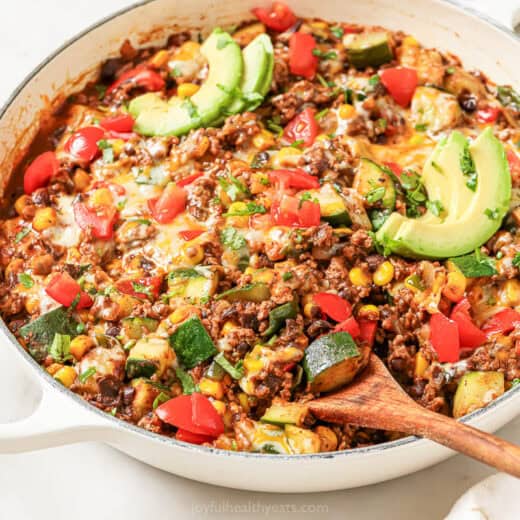 Landscape photo of ground beef and zucchini recipe.