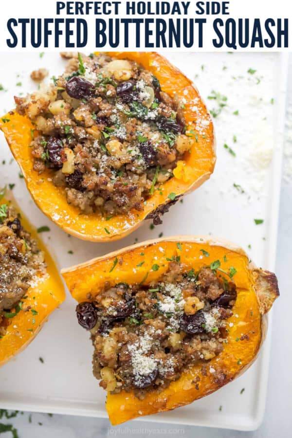 pinterest image for Sausage Stuffed Butternut Squash