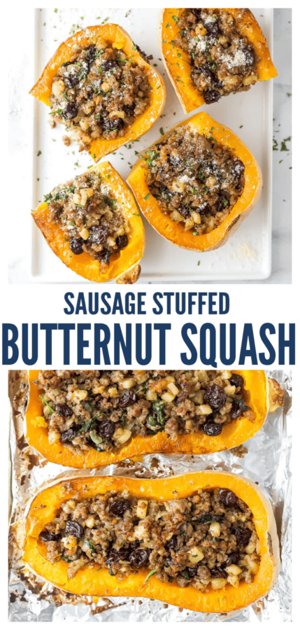 pinterest image for Sausage Stuffed Butternut Squash