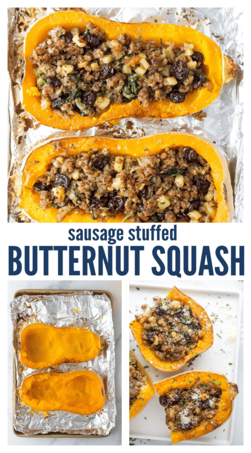 pinterest image for Sausage Stuffed Butternut Squash