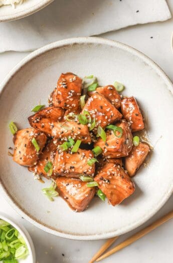Overhead view of crispy salmon bites in bowl