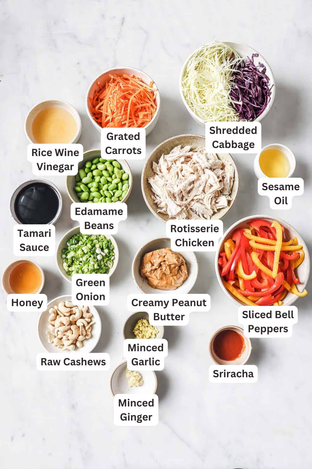 Overhead view of ingredients for chopped Thai chicken salad