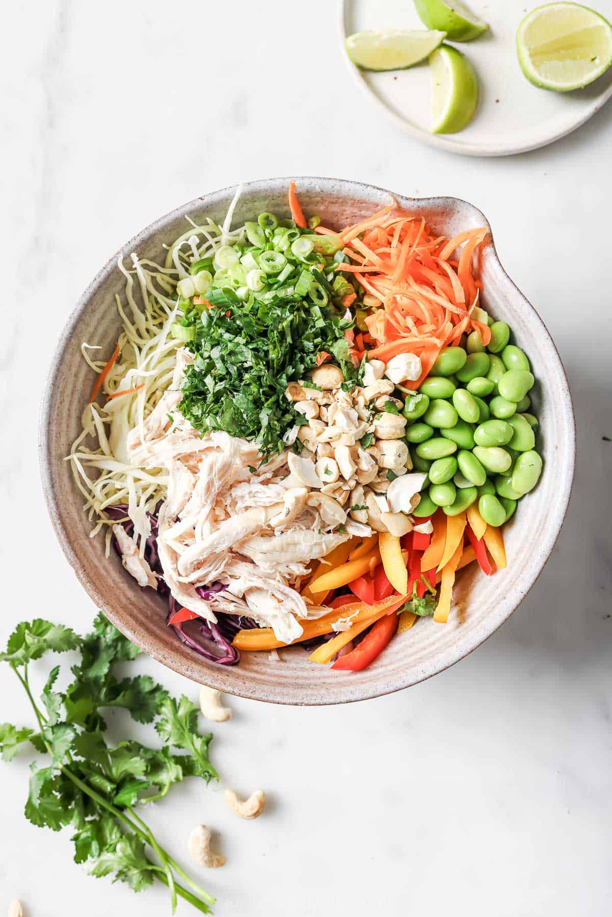 Overhead view of ingredients for chopped Thai chicken salad in bowl before tossing
