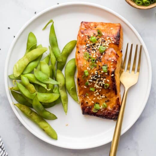 Plate with edamame and miso salmon