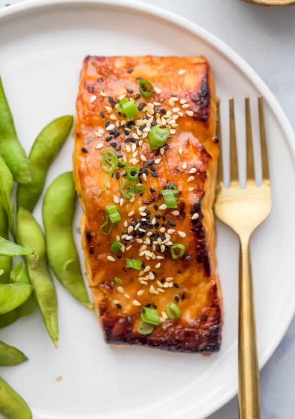 Miso salmon fillet on plate with fork