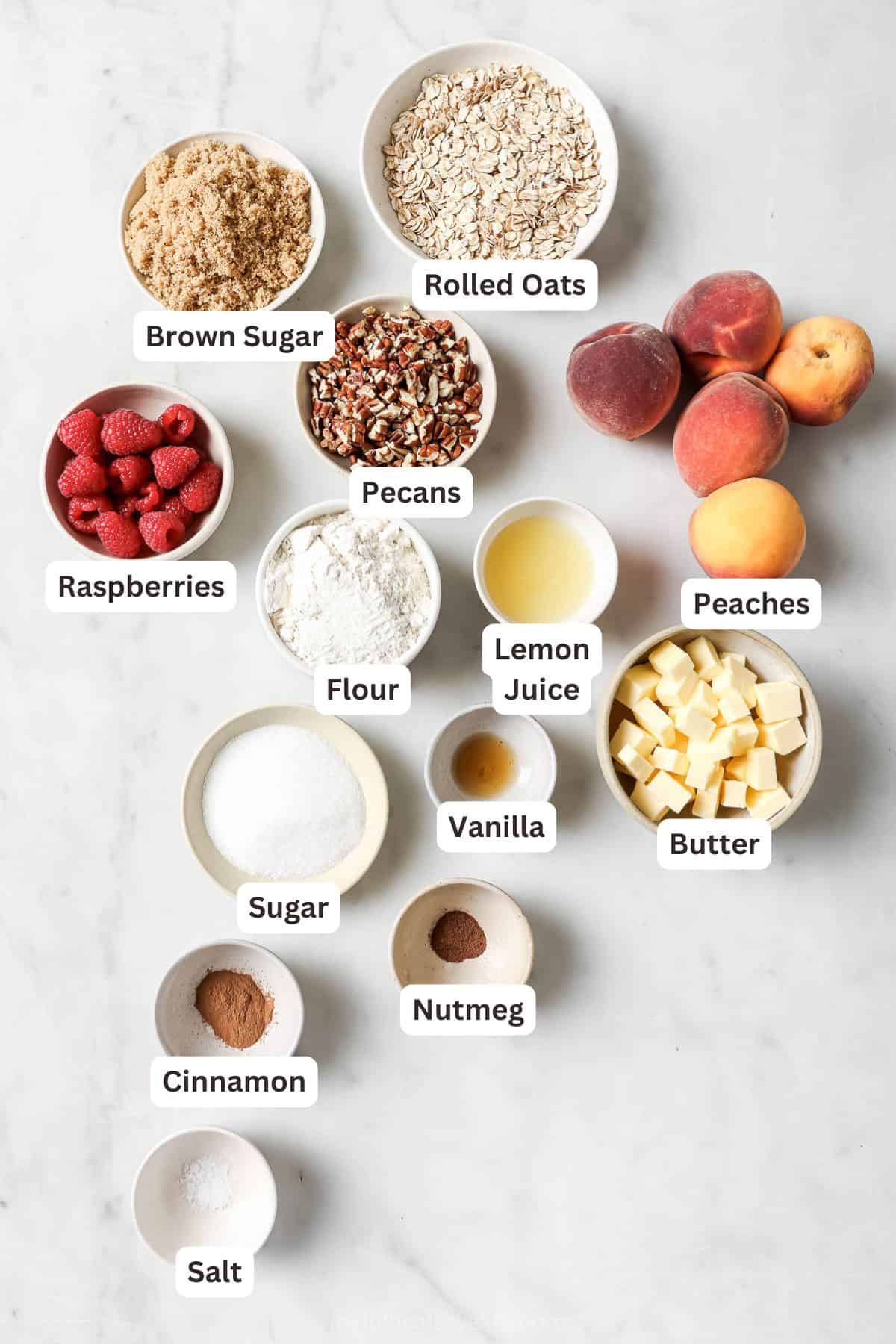 Crunch Oatmeal Pekan Charm. A simple summer sweet! Raspberry peach crisp for the element overhead view
