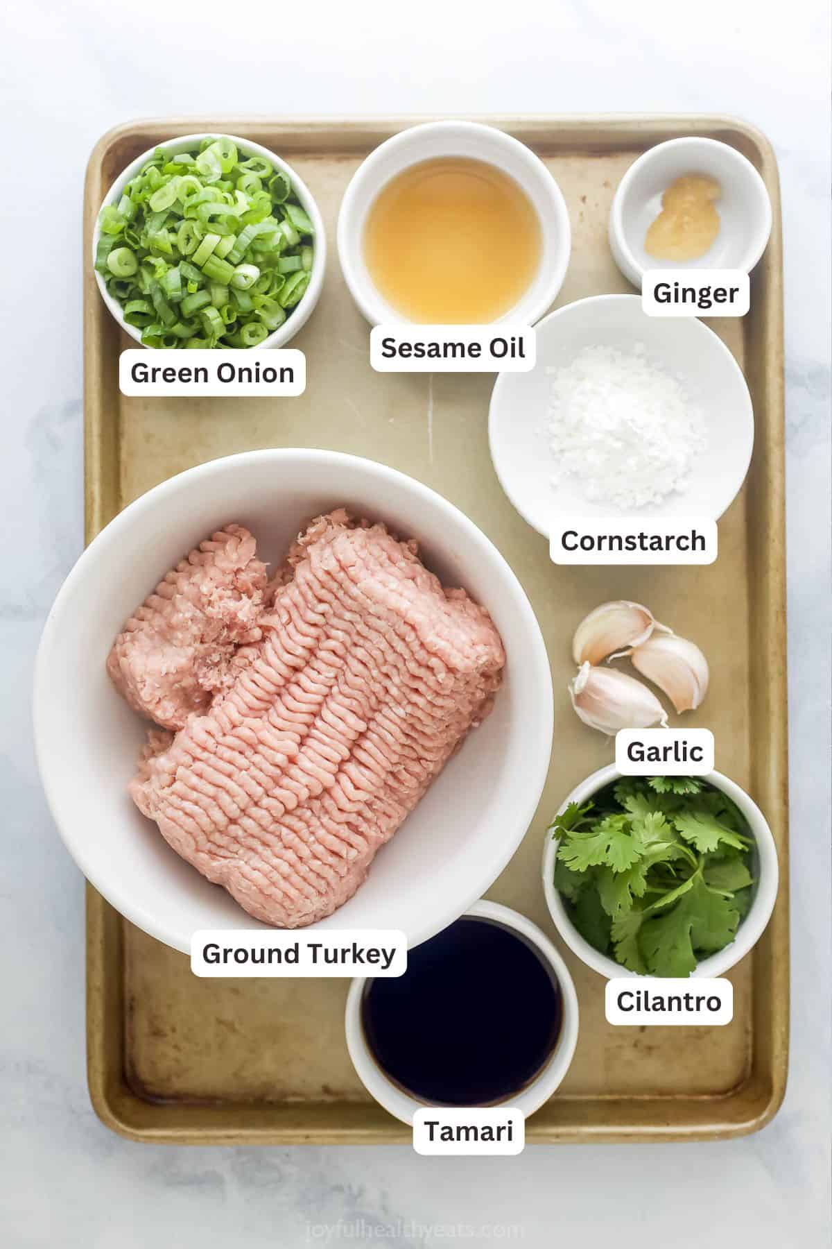 Overhead view of ingredients for ground turkey for banh mi bowls