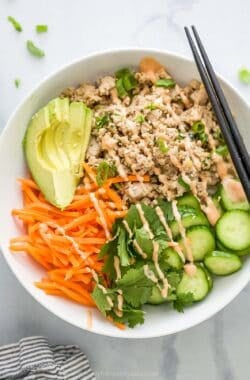 Overhead view of banh mi bowl with chopsticks