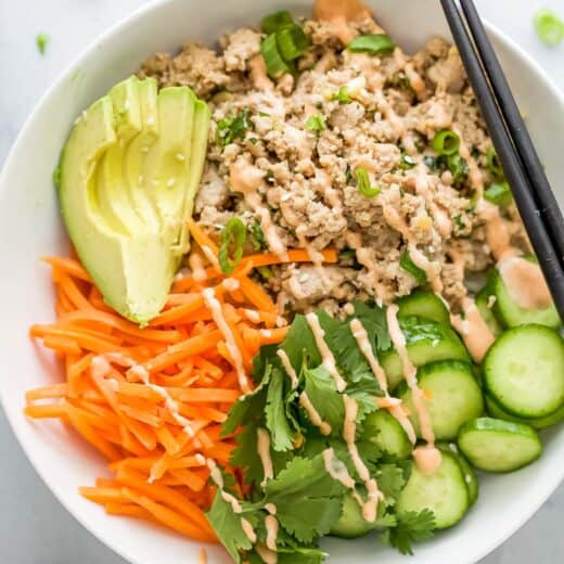 Overhead view of banh mi bowl with chopsticks