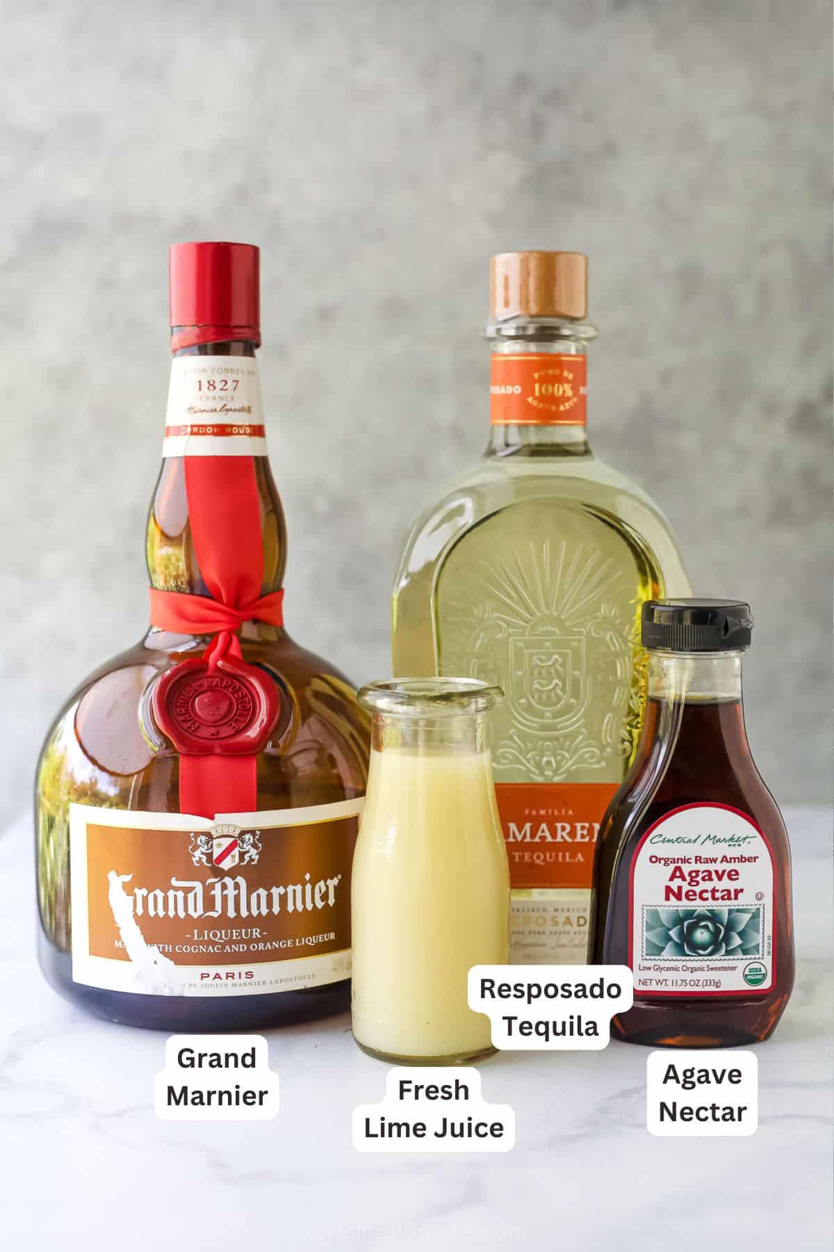 Overhead view of ingredients for classic frozen margarita recipe