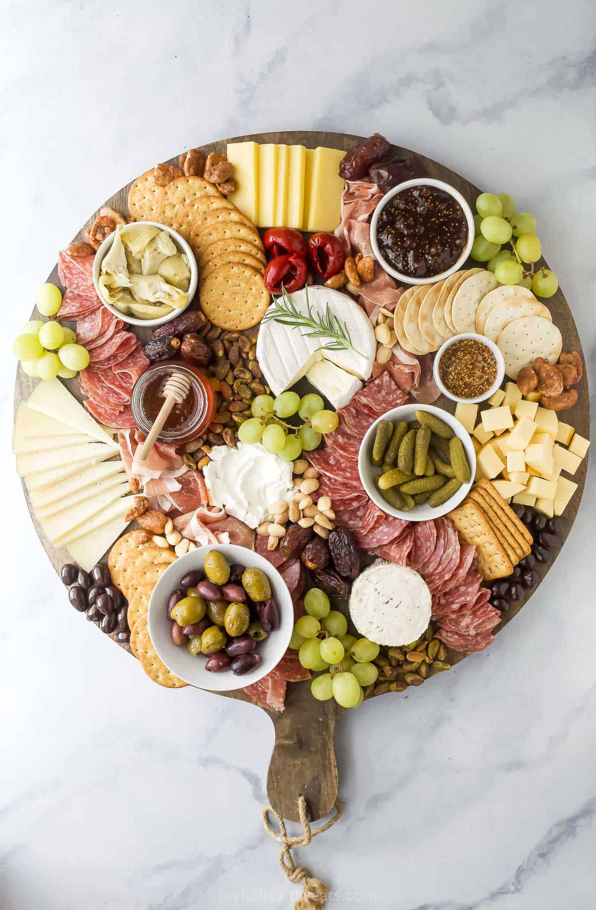 Overhead view of completed charcuterie board
