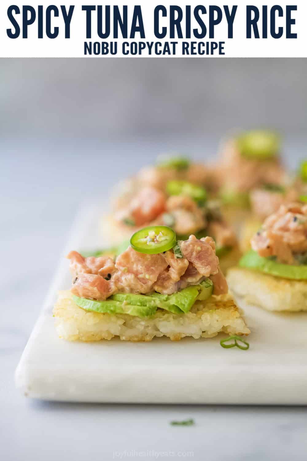 pinterest image for Spicy Tuna Crispy Rice Bites