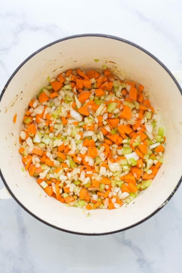 Overhead view of sofrito in Dutch oven