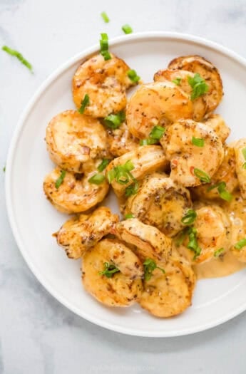 Overhead view of bang bang shrimp on plate