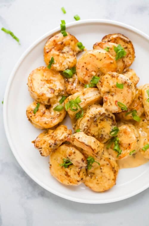 Overhead view of bang bang shrimp on plate