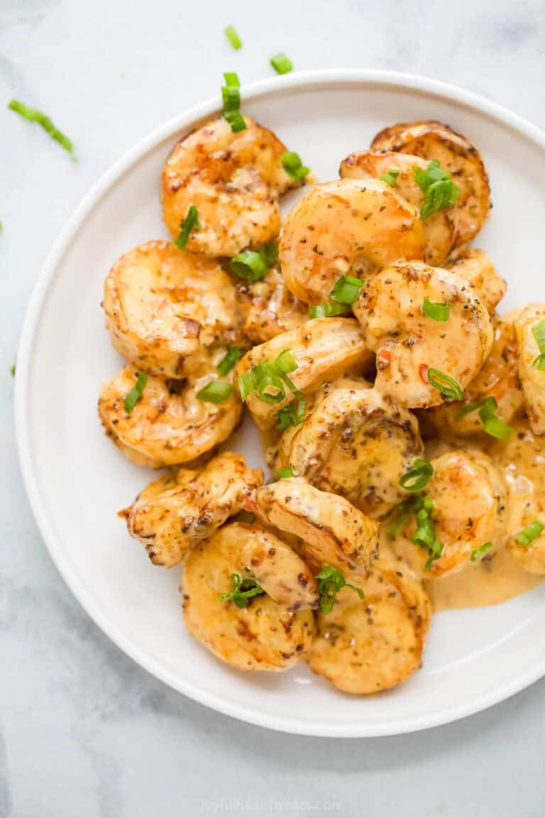 Overhead view of bang bang shrimp on plate