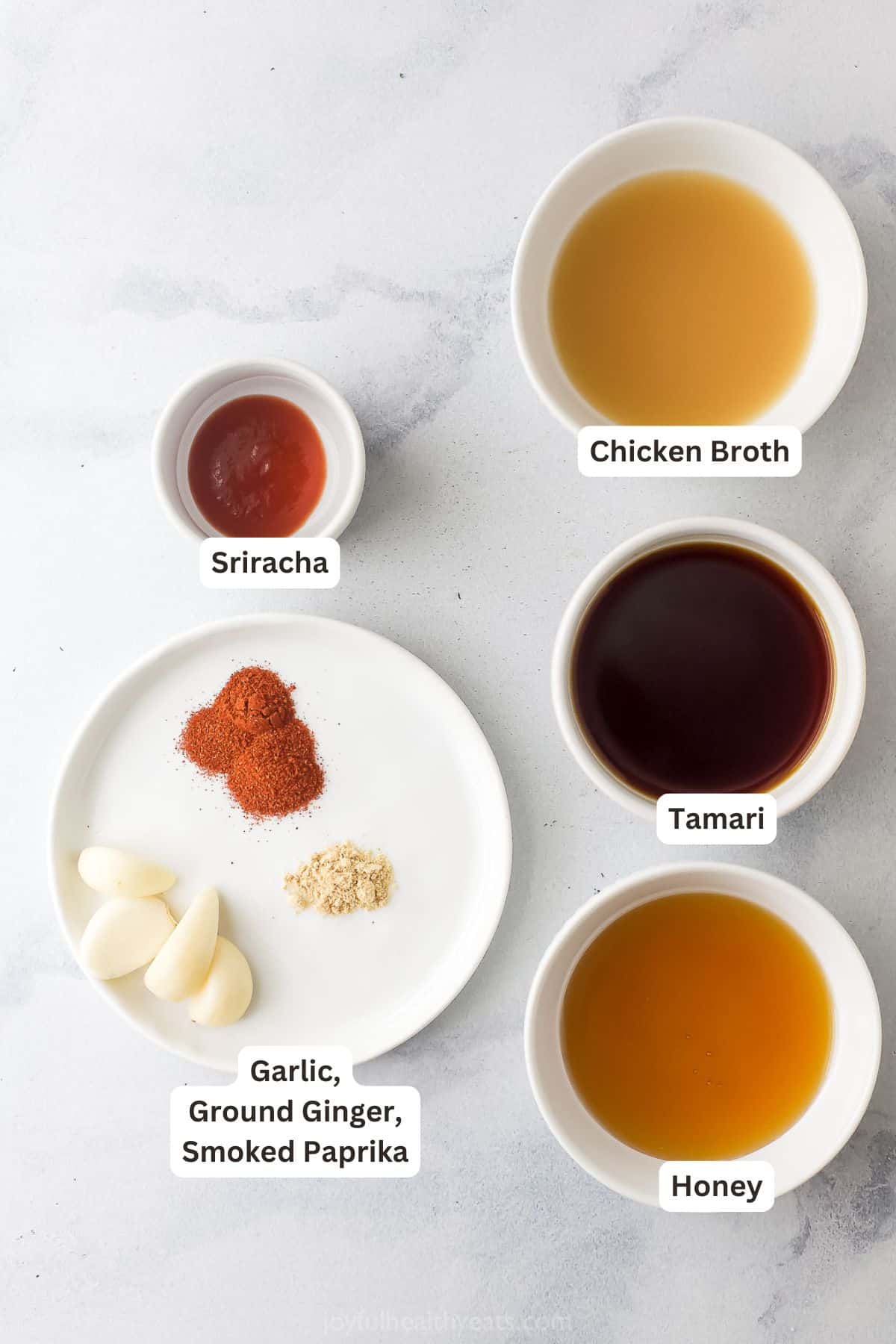 Overhead view of ingredients for honey garlic sauce