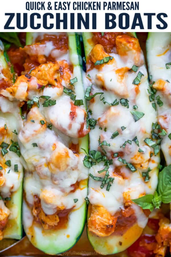 pinterest image for Chicken Parmesan Stuffed Zucchini Boats