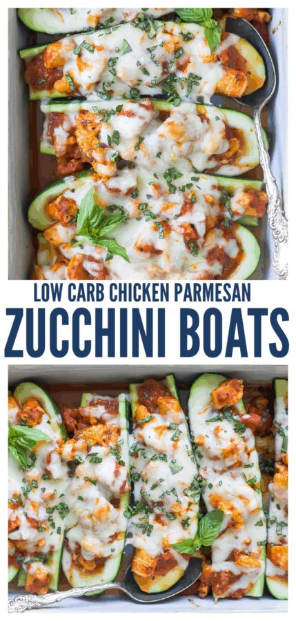pinterest image for Chicken Parmesan Stuffed Zucchini Boats