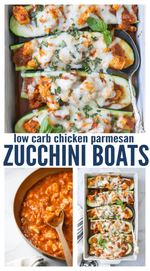 pinterest image for Chicken Parmesan Stuffed Zucchini Boats