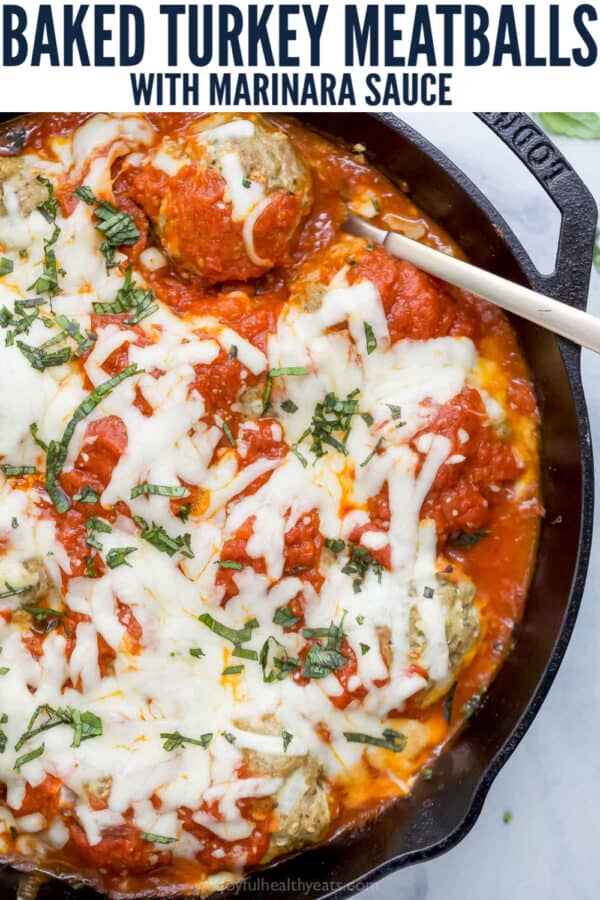 pinterest image for Cheesy Baked Turkey Meatballs in Marinara