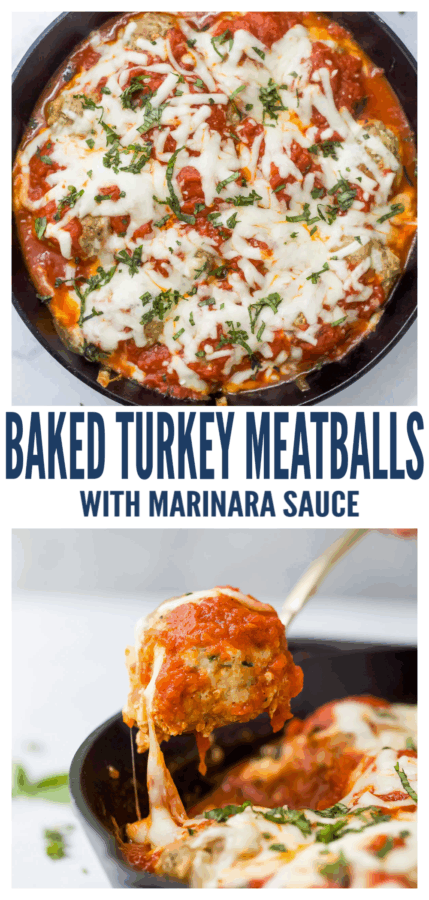 pinterest image for Cheesy Baked Turkey Meatballs in Marinara