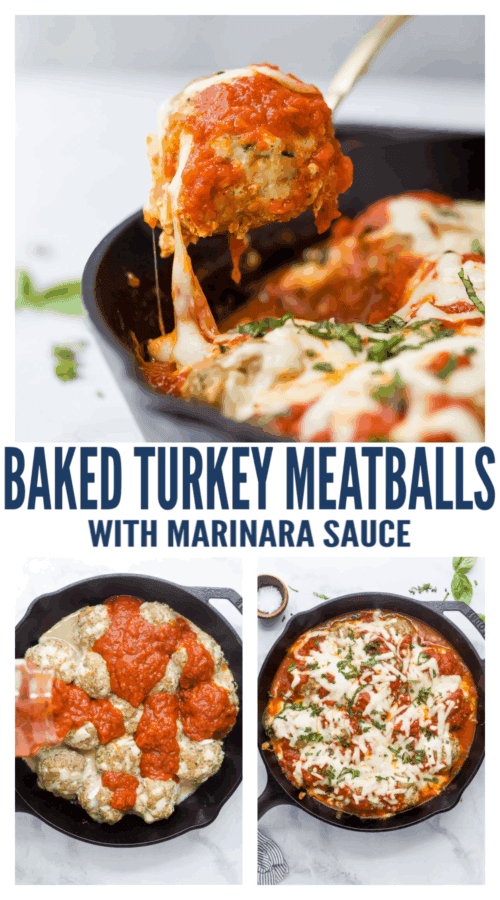pinterest image for Cheesy Baked Turkey Meatballs in Marinara