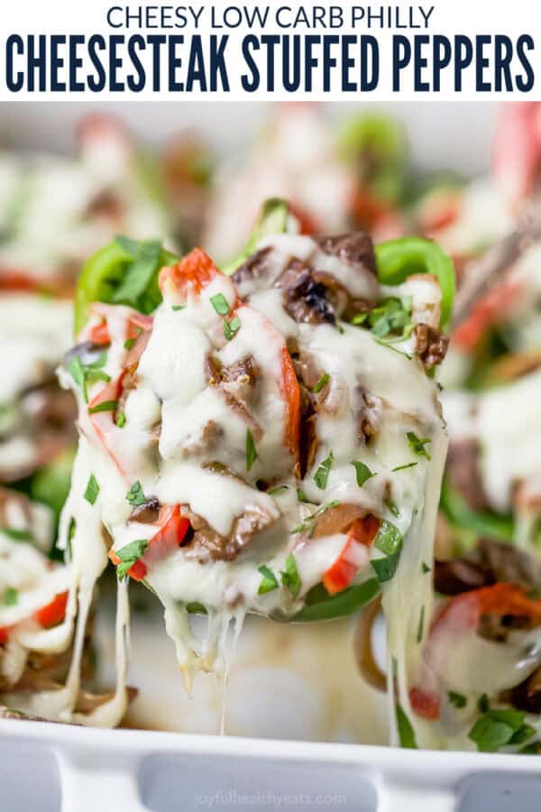 pinterest image for Easy Keto Philly Cheesesteak Stuffed Peppers