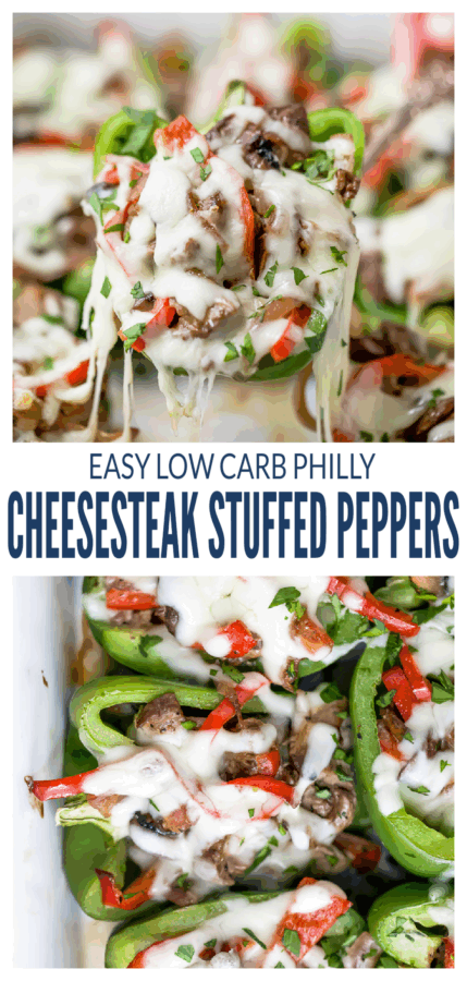pinterest image for Easy Keto Philly Cheesesteak Stuffed Peppers