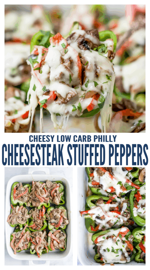 pinterest image for Easy Keto Philly Cheesesteak Stuffed Peppers