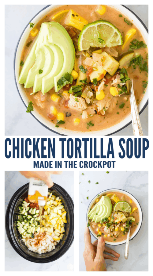 pinterest image for Creamy Crock Pot Chicken Tortilla Soup