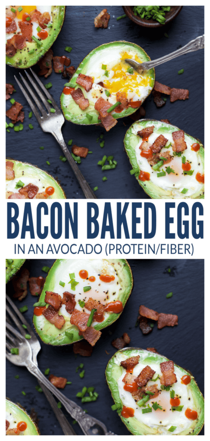 pinterest image for Baked Avocado Egg Recipe With Bacon