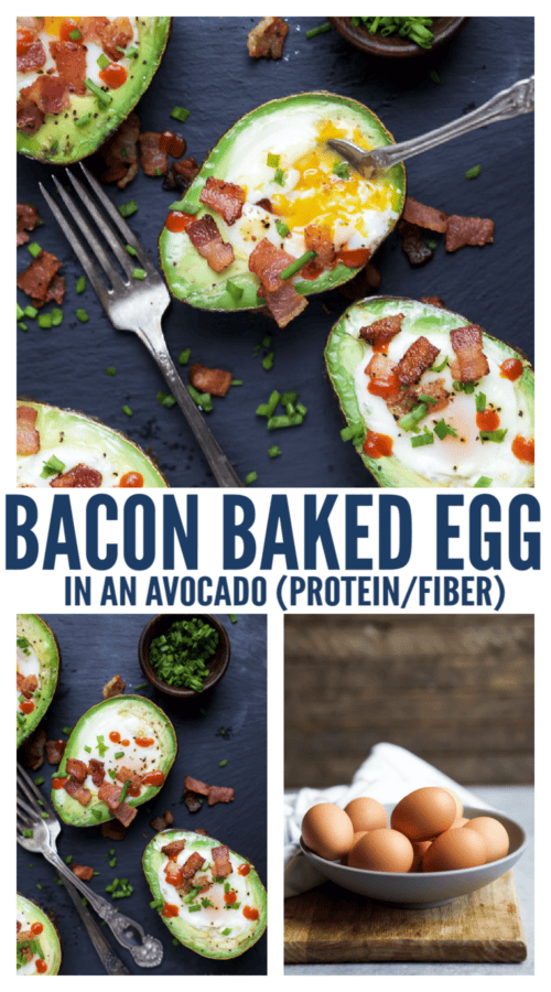 pinterest image for Baked Avocado Egg Recipe With Bacon
