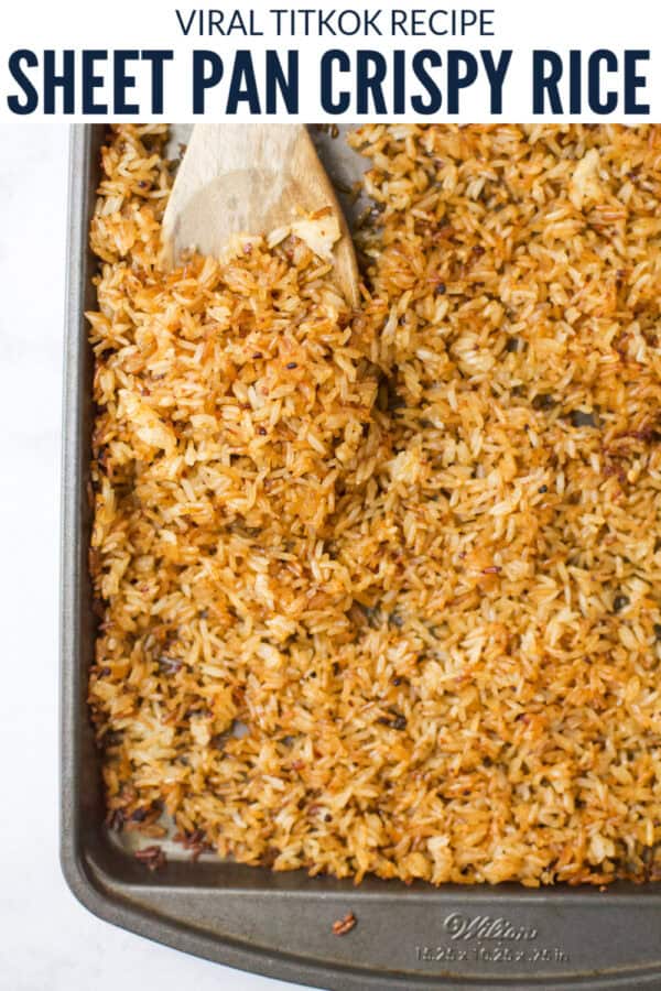 pinterest image for sheet pan crispy rice