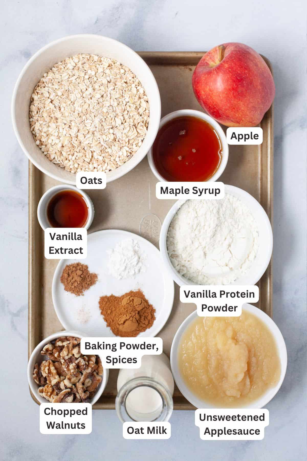 Ingredients for cinnamon baked apple oatmeal with labels.