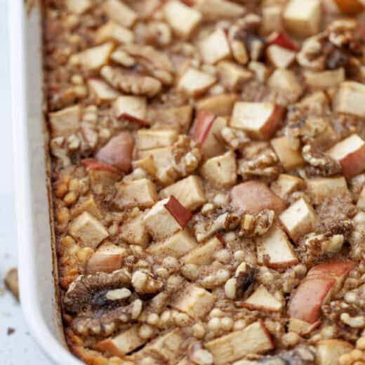 Baking dish with cinnamon baked apple oatmeal.