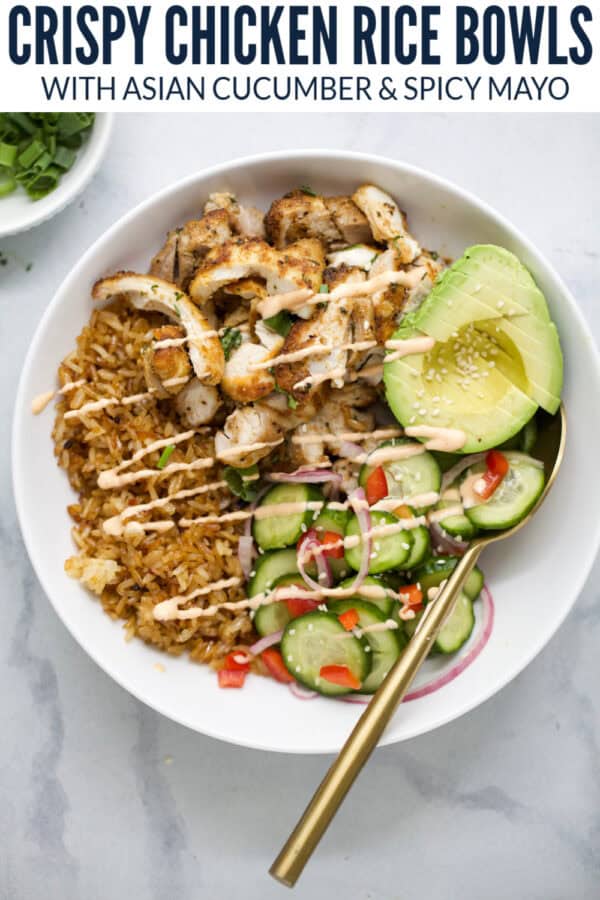 pinterest image for crispy chicken rice bowls