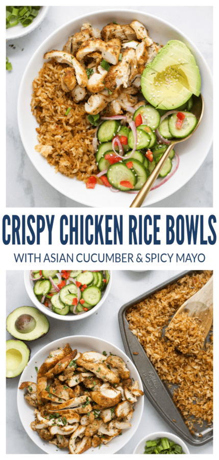 pinterest image for crispy chicken rice bowls