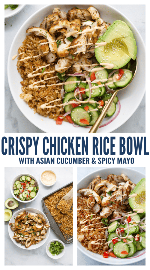 pinterest image for crispy chicken rice bowls