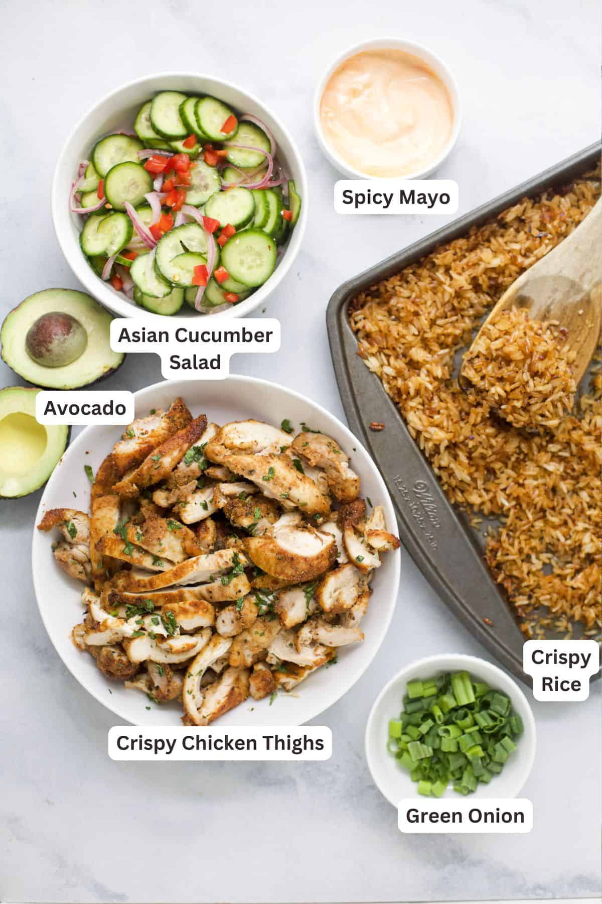 Ingredients for crispy chicken rice bowls.